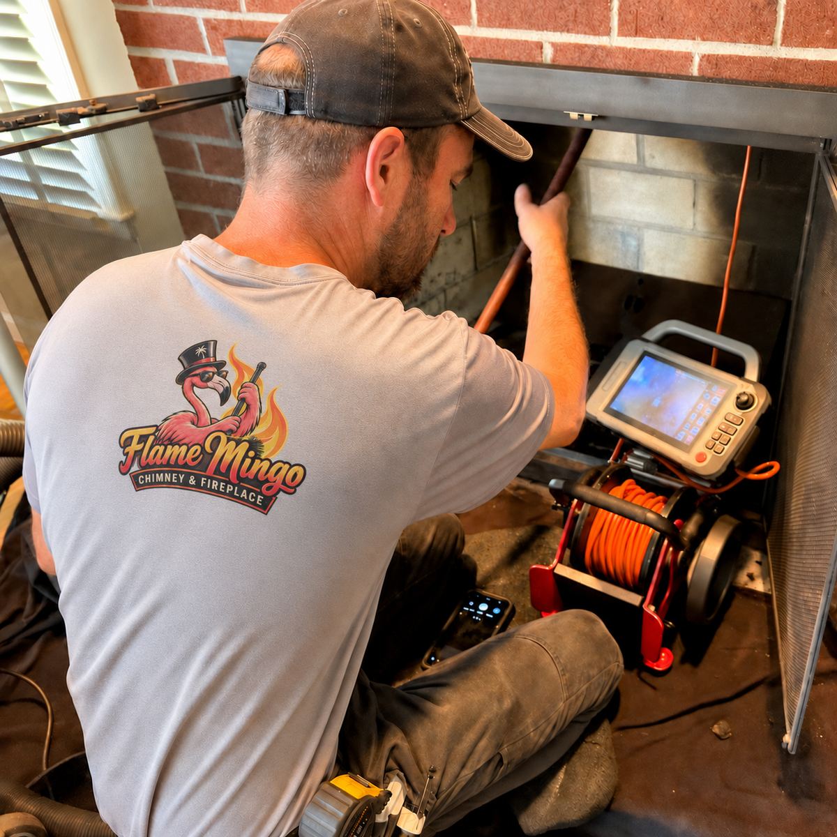 Flame Mingo technician running a video camera scan up a flue from inside the firebox