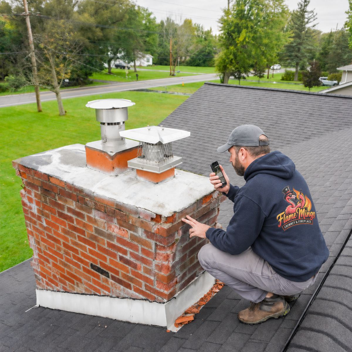 Flame Mingo technician photographing and pointing out cracks on a chimney crown