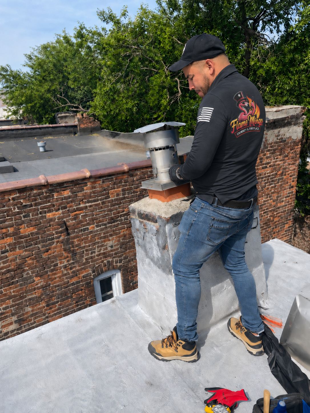 Flame Mingo technician servicing a metal flue and chimney on a flat urban rooftop