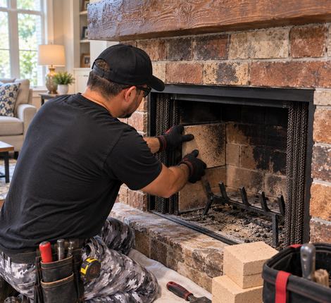 Technician servicing the screen and firebox of an interior brick fireplace