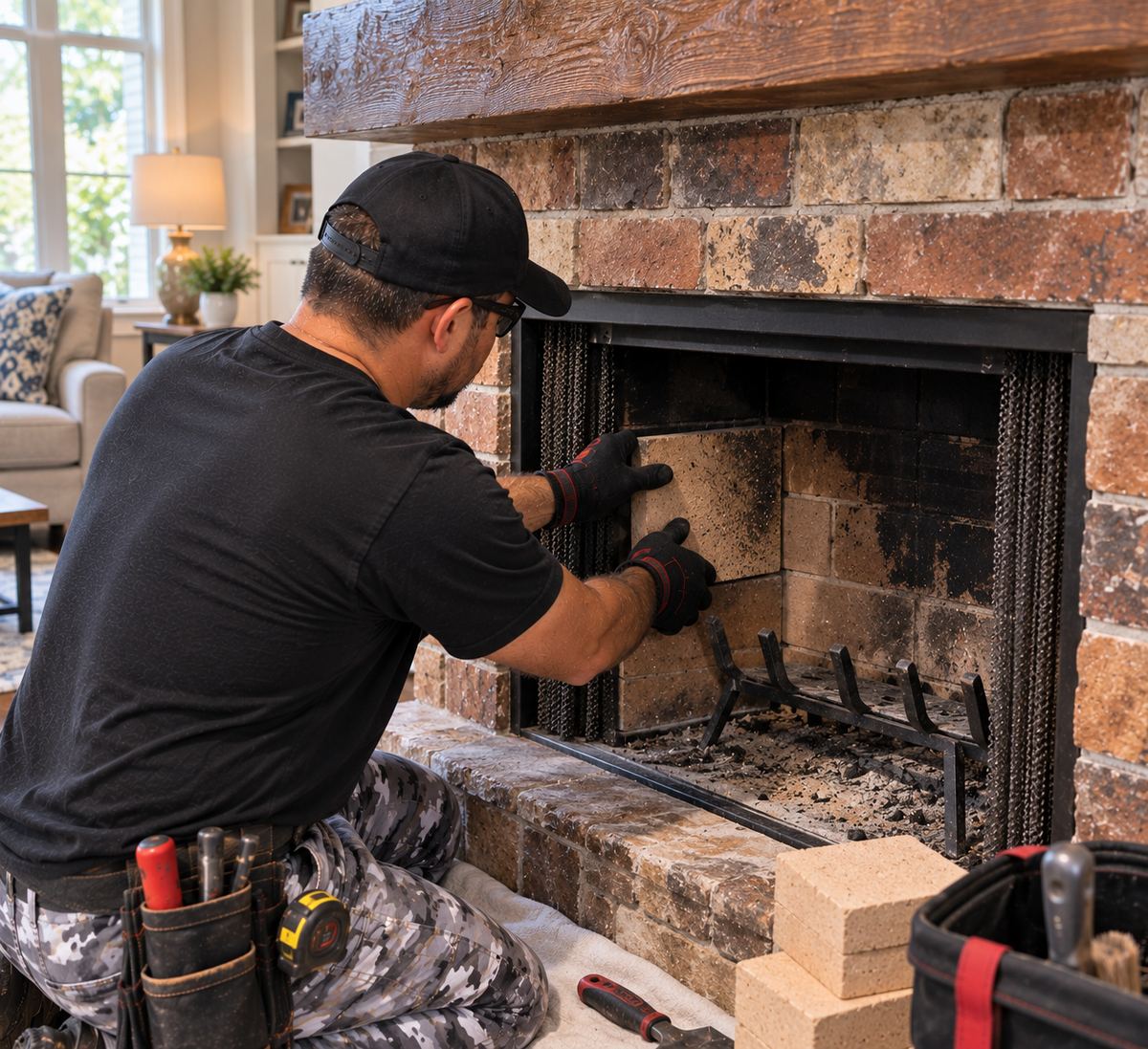 Technician servicing the screen and firebox of an interior brick fireplace