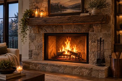 Cozy stone fireplace with a reclaimed-wood mantel, candles and a warm fire