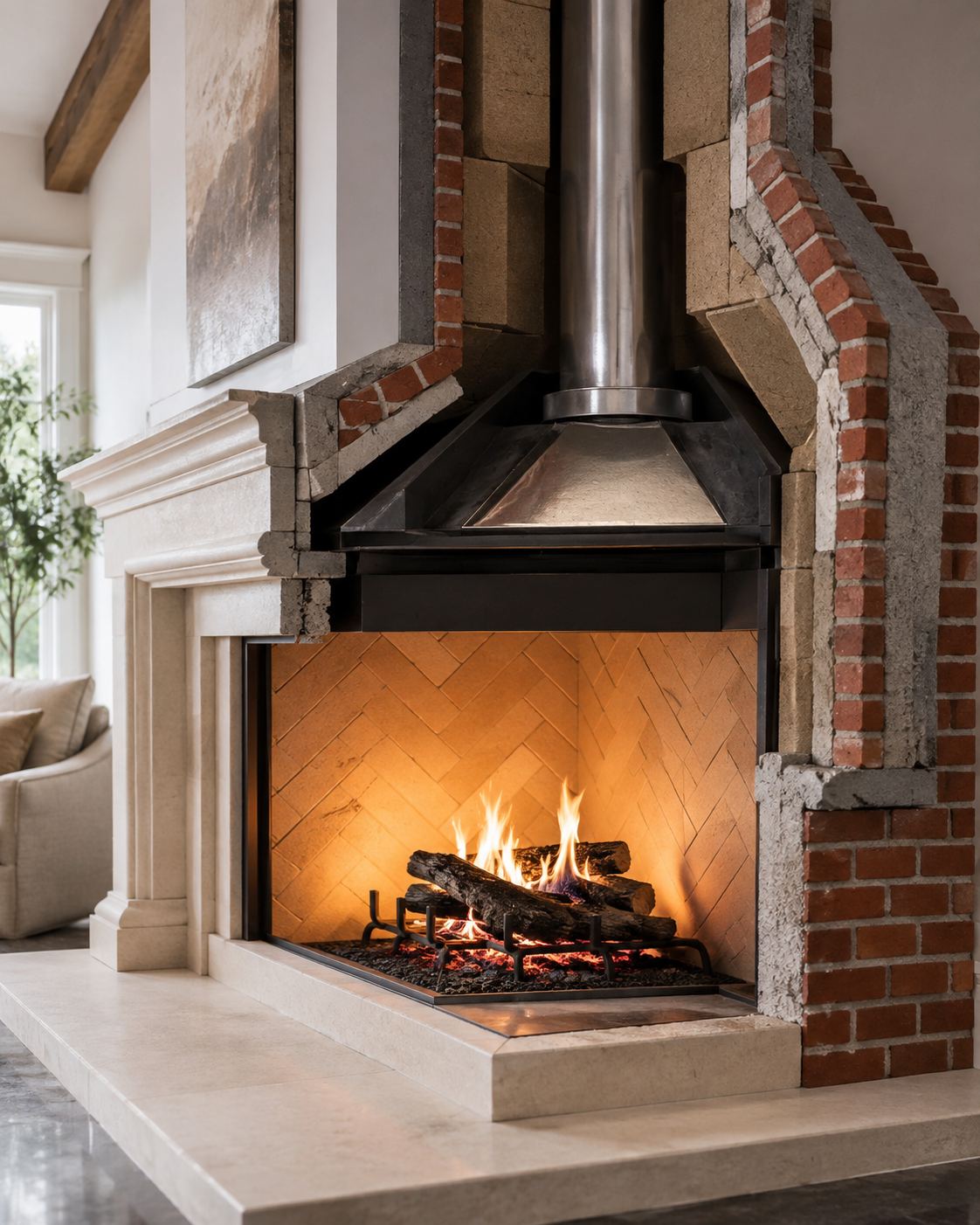 Corner masonry fireplace with a herringbone firebrick firebox and a live fire