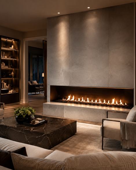 Wide linear gas fireplace set into a stone feature wall in a modern living room