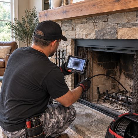 Technician viewing a chimney camera monitor while scanning the flue of a stone fireplace