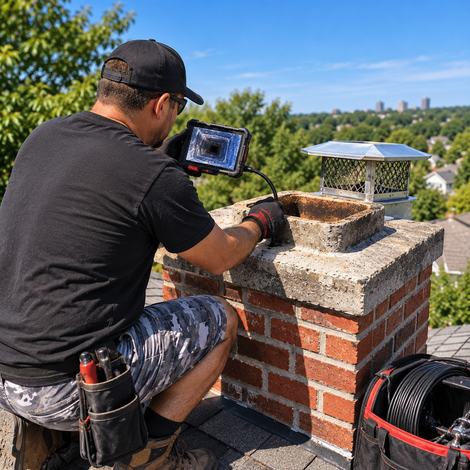 Technician performing a rooftop chimney camera inspection with a city skyline behind