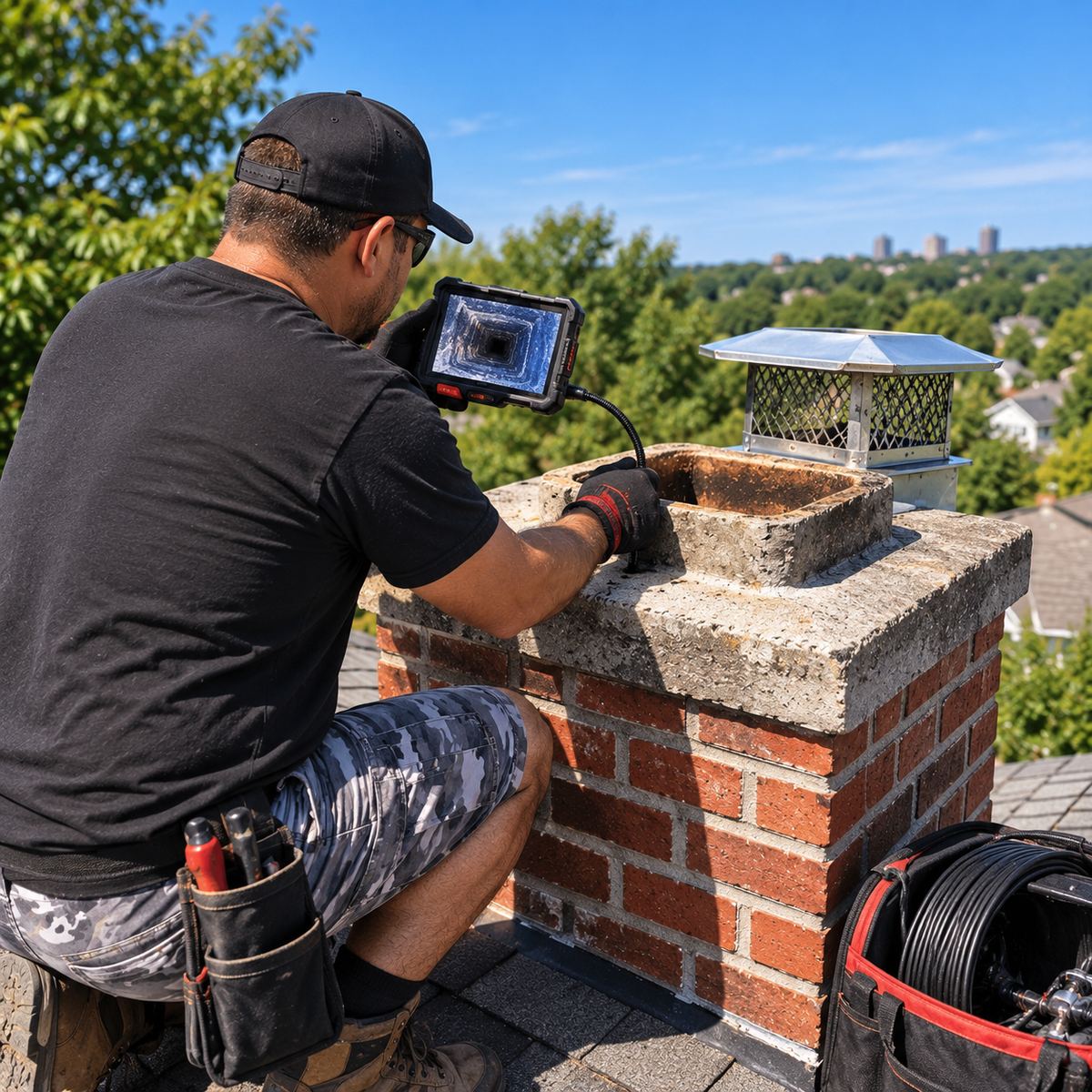 Technician performing a rooftop chimney camera inspection with a city skyline behind