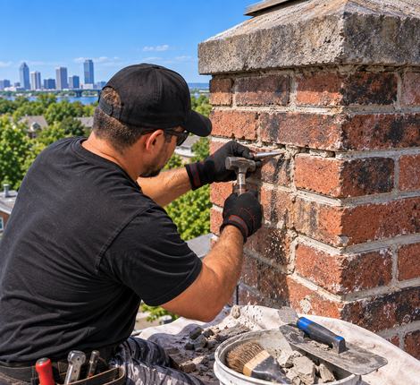 Technician chiseling out failed mortar from a brick chimney during a masonry repair