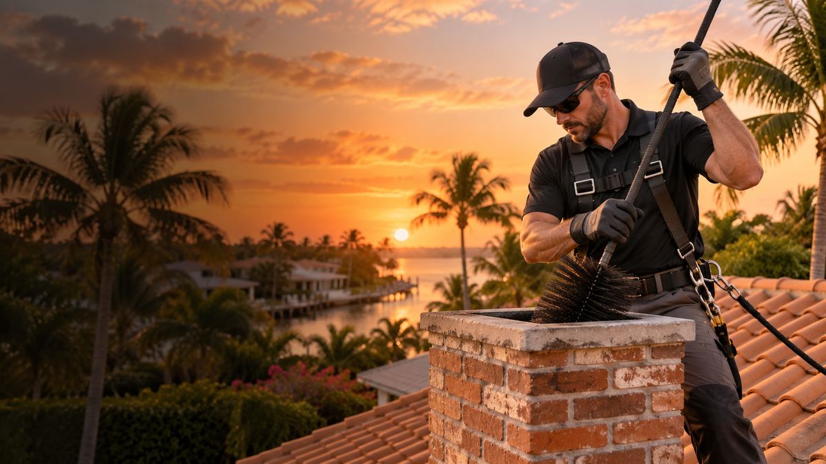 Chimney sweep working a brush into a rooftop flue at sunset among palm trees
