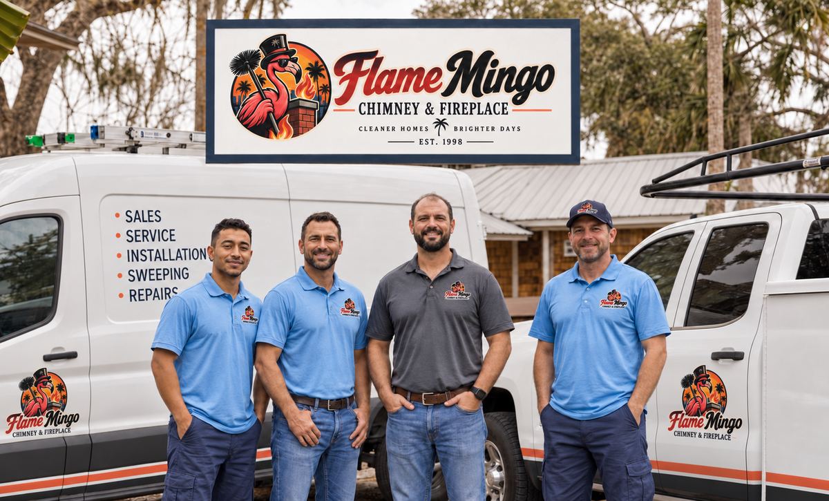 Flame Mingo Chimney & Fireplace crew standing in front of a company van and shop sign
