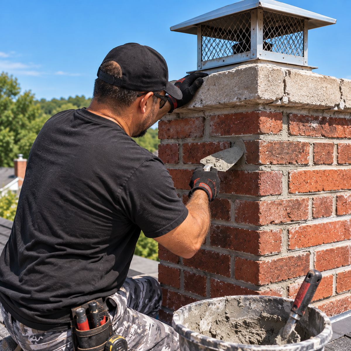Technician tuckpointing fresh mortar into the joints of a red-brick chimney